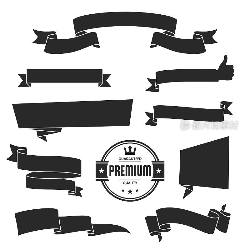 采购产品一套黑丝带，旗帜，徽章，标签-设计元素在白色背景
