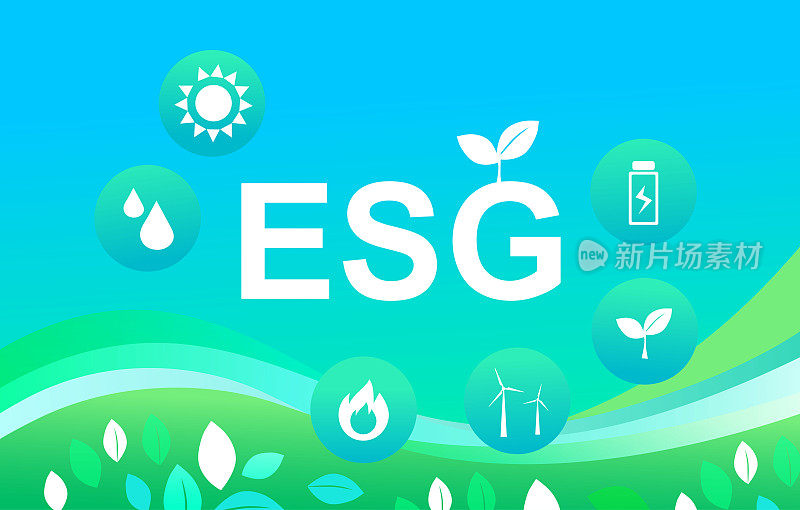 具有风车和太阳能的可持续ESG产业。环境、社会和公司治理的概念。