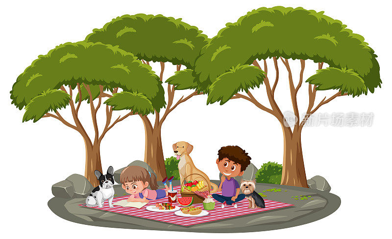 孩子们在有许多树的公园里野餐