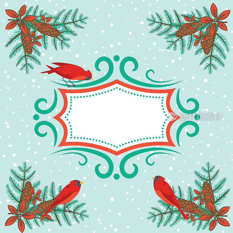 圣诞背景与冬青和红雀在一个粉彩雪花基地
