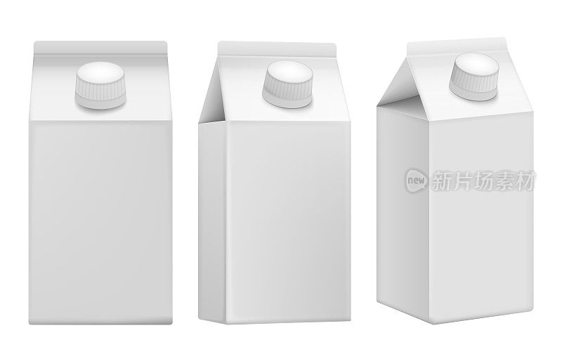白色纸盒包装模板饮料:果汁，牛奶。正面和侧面视图。包装集合。矢量插图。