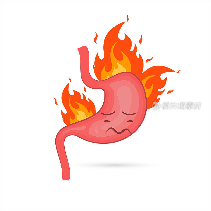 胃酸反流或烧心和胃炎。消化不良和胃痛问题的概念。孤立的矢量图
