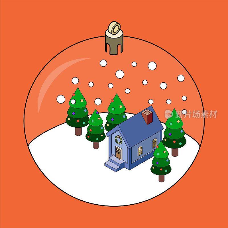 被冷杉树和飘落的雪花包围的房子的圣诞装饰品。等距插图。