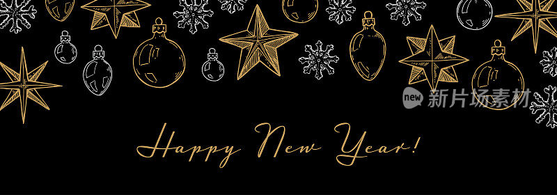 圣诞快乐，新年快乐，手绘金色星星和雪花横向贺卡。矢量插图素描风格。节日喜庆的背景