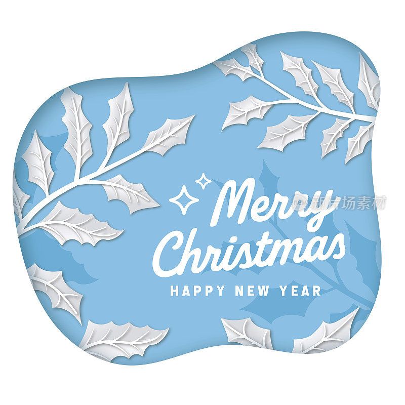 剪纸圣诞背景与冬青枝在蓝色