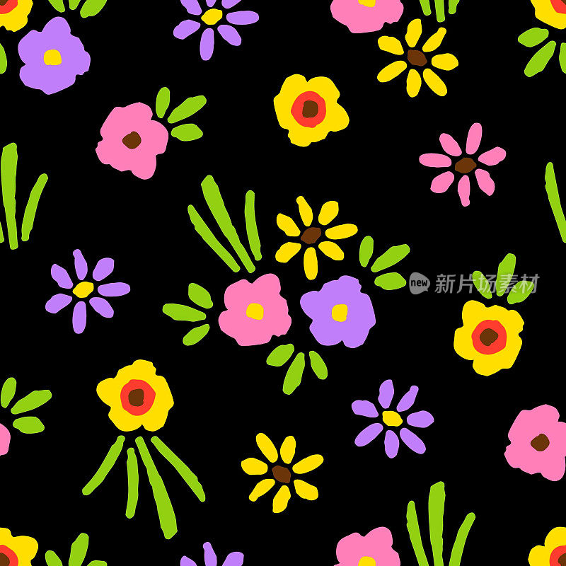 简单的花矢量无缝图案。五颜六色的小花，绿叶在黑色的背景。用于织物印花、纺织制品。春天夏天收集。