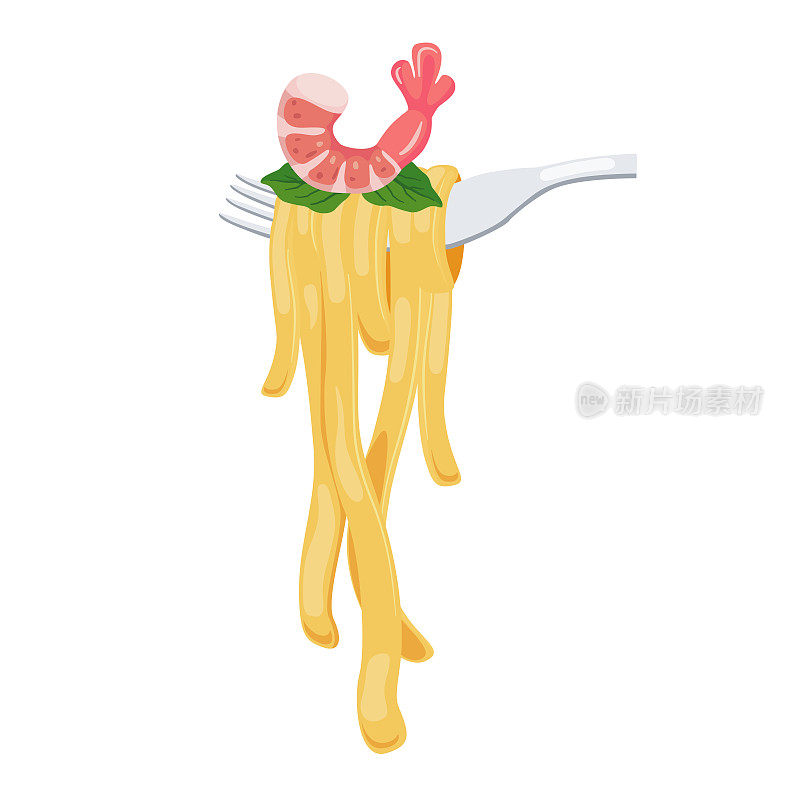 用叉子叉着虾的意大利面。意大利菜。