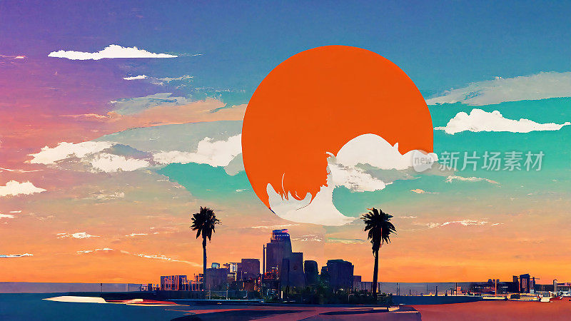 加州的天际线，橙色在夕阳下照亮了城市