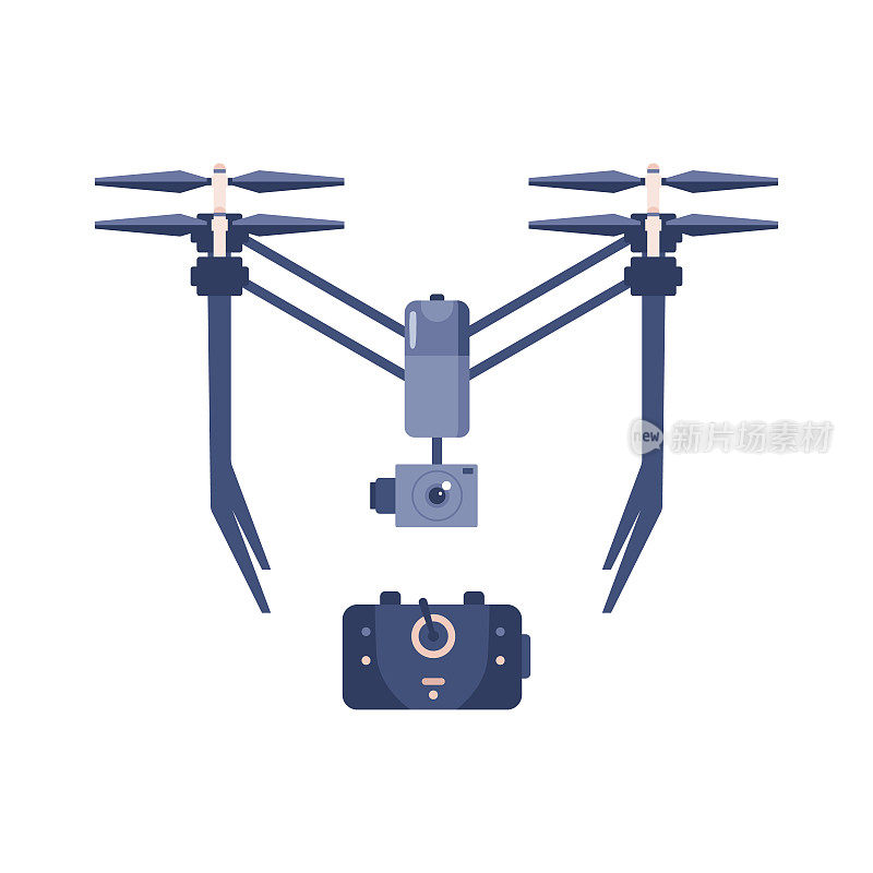 无人机或四轴飞行器设备与控制器，平面矢量插图隔离。