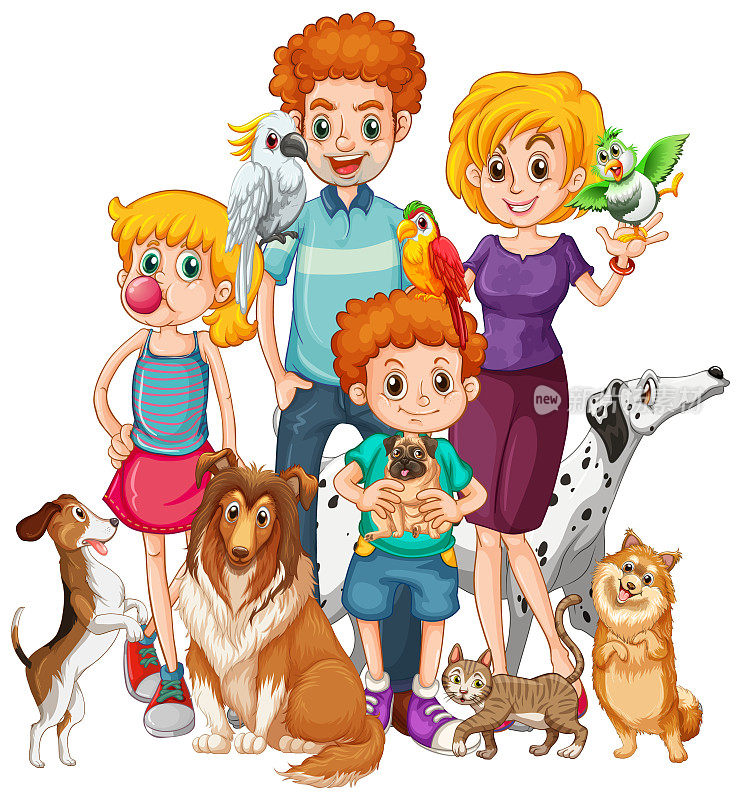 卡通风格的快乐家庭和他们的狗狗
