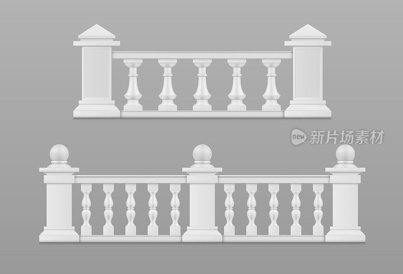 大理石栏杆白色阳台栏杆扶手古董形状设置现实矢量插图