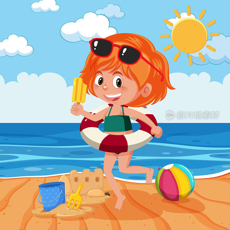 快乐女孩在夏天的海滩主题