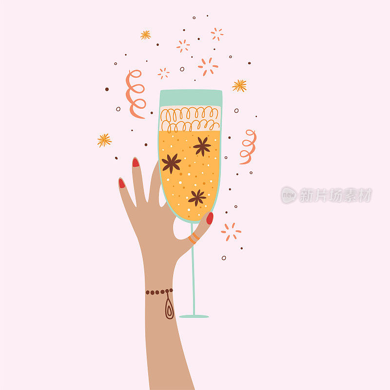 酒的女孩。香槟女孩香槟酒杯敬酒。可爱的卡通酒杯孤立元素。女孩派对庆祝。女人手捧香槟杯。矢量插图。生日庆祝活动。
