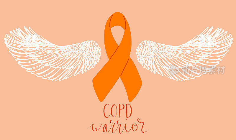 慢性阻塞性肺疾病意识月11月手写刻字。橙色支持带天使的翅膀。网络横幅向量