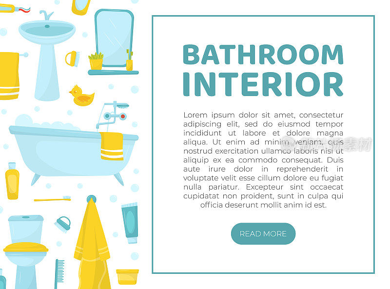 浴室内部网页横幅模板。现代卫生间家具及配件宣传册、宣传册、卡通矢量宣传册