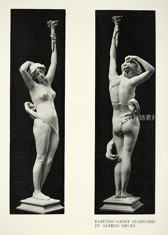 雕塑，电灯标准，阿尔弗雷德・德鲁里，一个年轻女子高举火炬，19世纪90年代维多利亚艺术