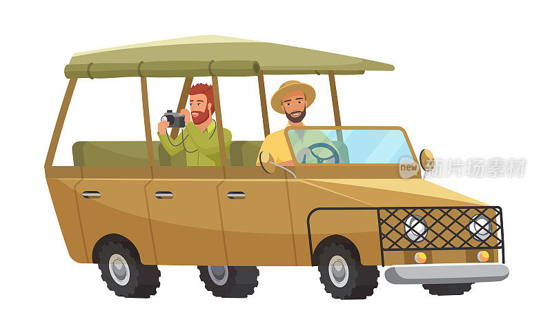 人们乘坐游猎游览车，旅行者驾驶汽车隔离车辆