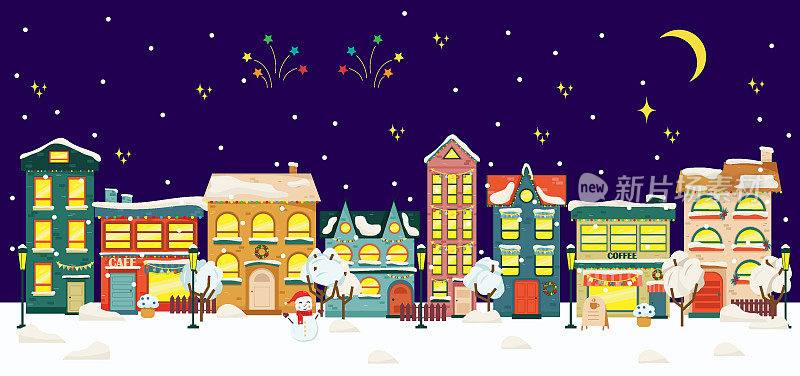 雪夜在舒适的圣诞小镇城市全景。冬季圣诞村