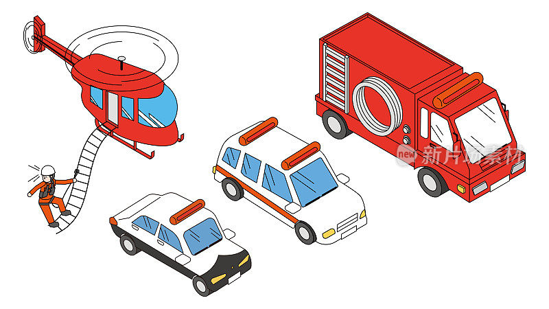 救护车，警车，消防车，直升机的等距插图