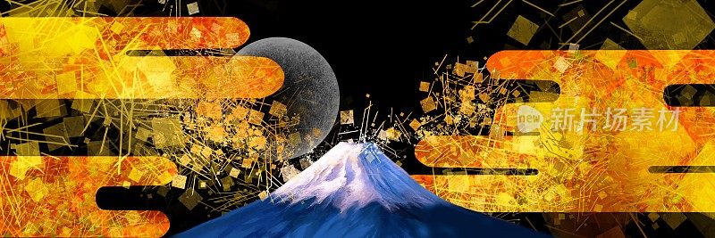 日本画风背景宽尺寸插图和黑色背景，平安时代画风的金叶云和美丽的富士山，舞动的金叶，金粉和沙点。
