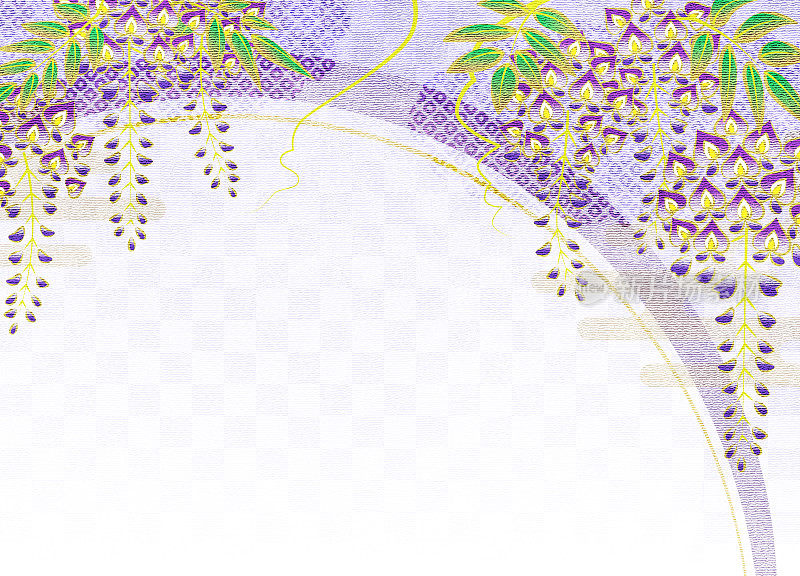 紫藤花的传统日本和服图案，御禅风格，复制空间可用