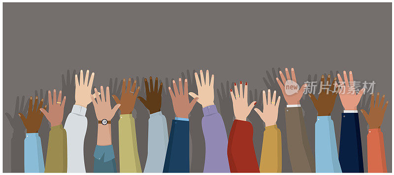 全景插图显示举起的手的男人和女人。投票，自由和多元化的概念。在灰色背景上