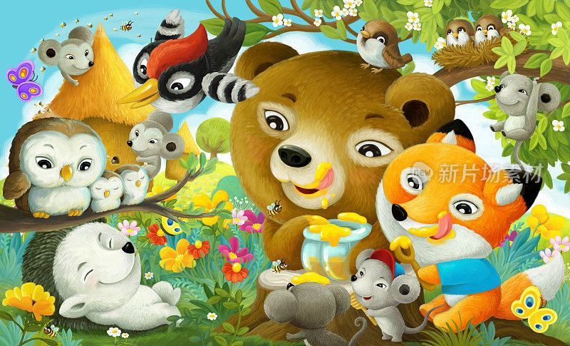 卡通场景森林动物在森林里吃蜂蜜