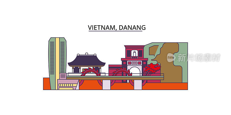 越南、雷诺、岘港旅游地标，矢量城市旅游插画