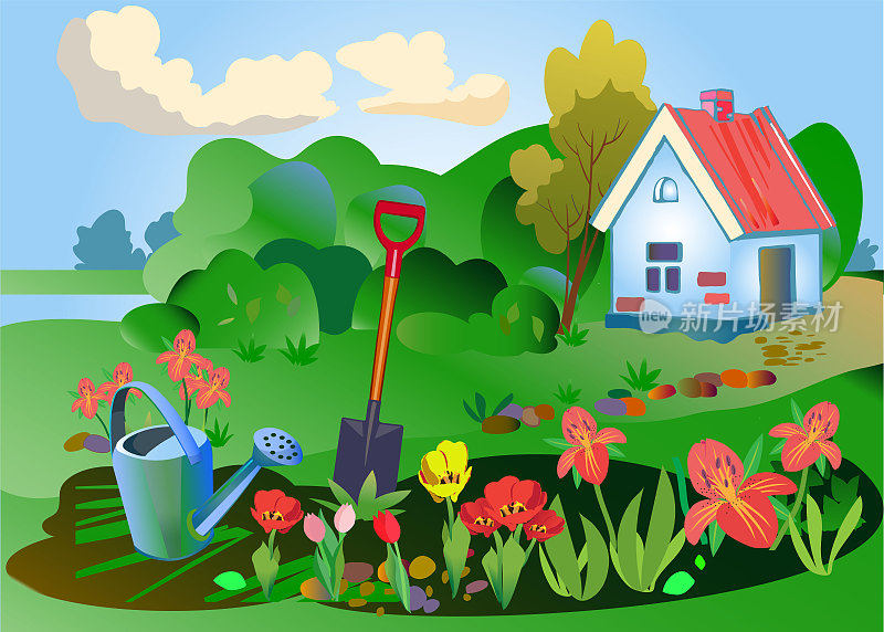 春天的构图描绘了花园中明亮的花园，背景是乡村的房子和风景。