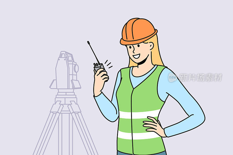 微笑的女工程师与大地测量设备工作