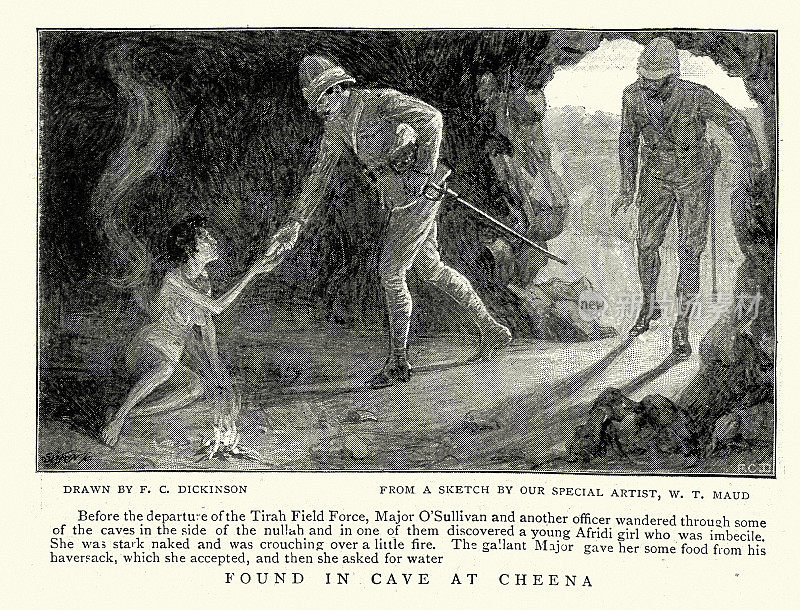 19世纪19世纪90年代，英国军官给一名住在契纳山洞里的妇女提供食物和水