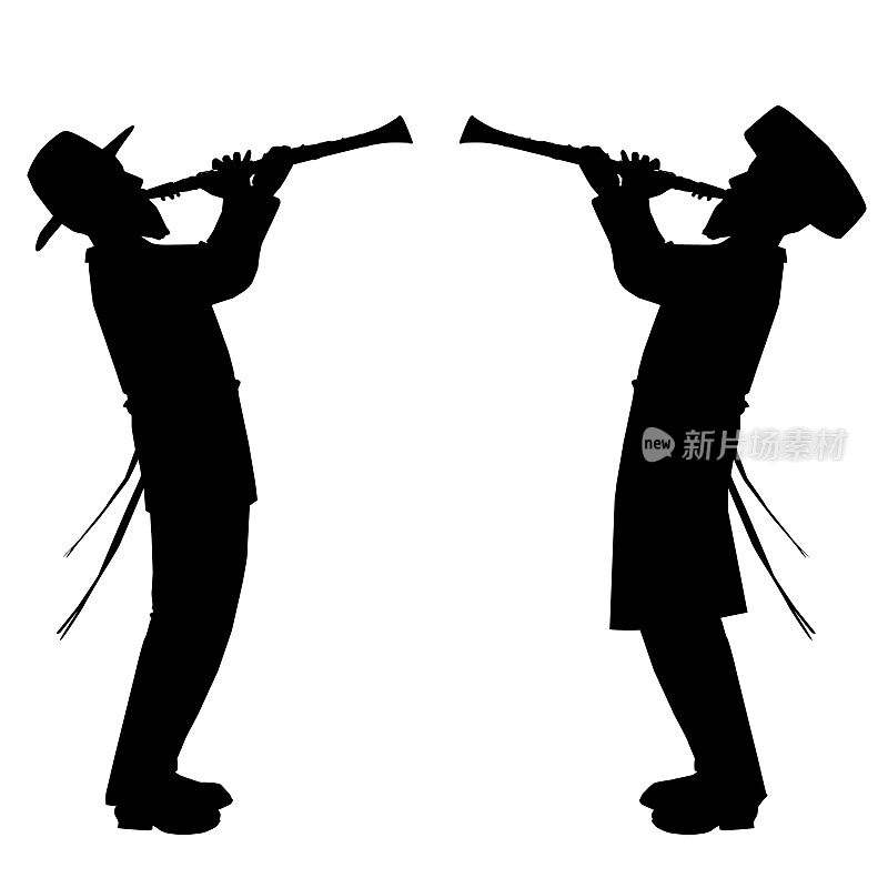 Chassidim演奏单簧管。
白色背景上的两个黑色剪影。向量。孤独的犹太人吹奏长笛
在米仑拜特哈朔耶娃的喜乐中。犹太薄饼的一部分。