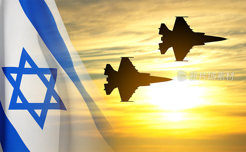 军用飞机以日落和以色列国旗为背景