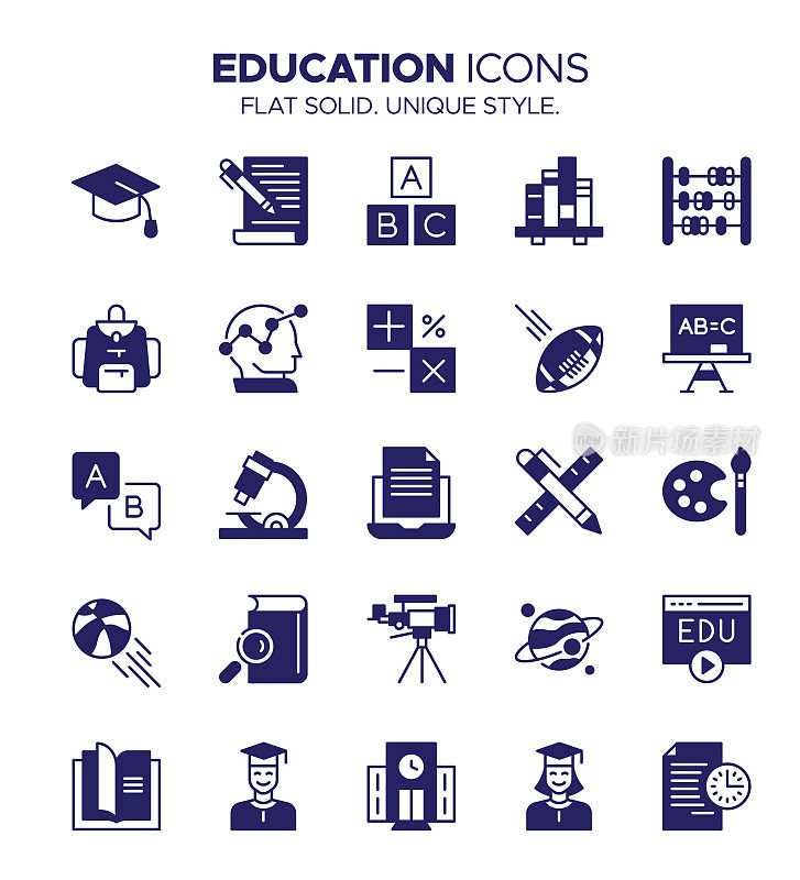 教育图标集扎实的风格-毕业，知识，铅笔，图书馆，科学，数学，学校