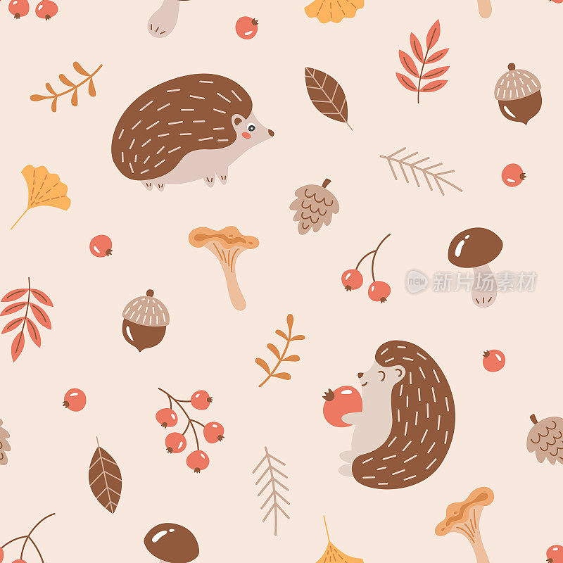 秋天无缝图案可爱的刺猬，树叶，浆果，橡子，蘑菇和锥体。秋季或林地主题背景。