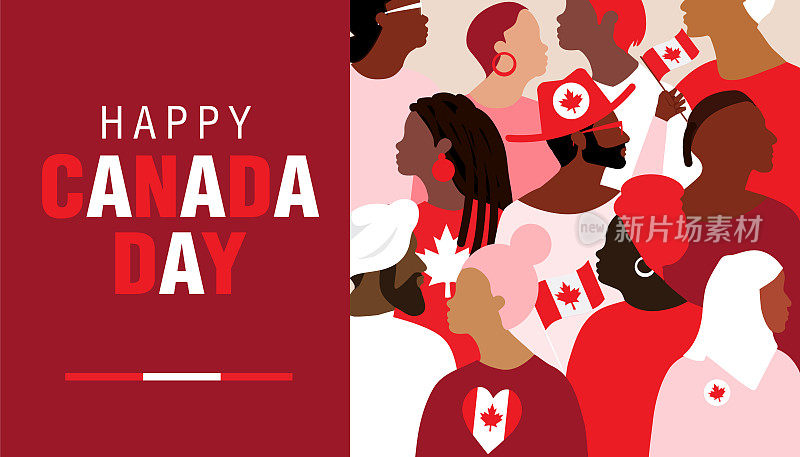 快乐加拿大日问候网页横幅设计模板与一群不同的人挥舞着加拿大国旗