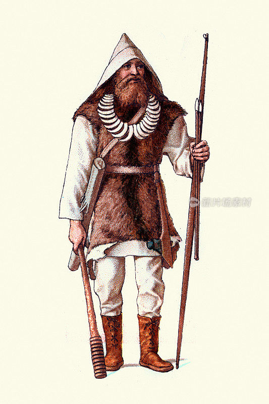 欧洲蛮族湖泊时期的古代石器时代战士的服装，毛皮束腰骨项链