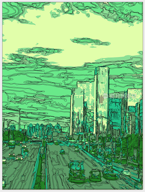 轮廓风格霓虹色彩的超宇宙卡通城市街景