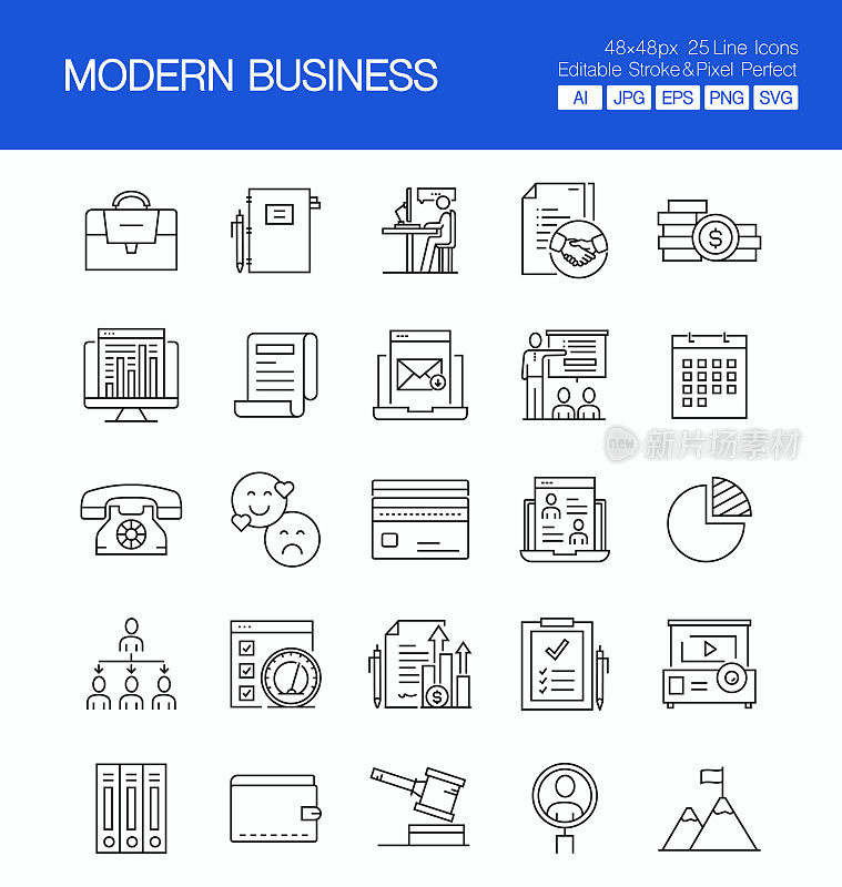 现代商业细线矢量图标集。设计是可编辑的，颜色可以改变。矢量创意图标集:分析，财务，计划，技术，成功，动机，