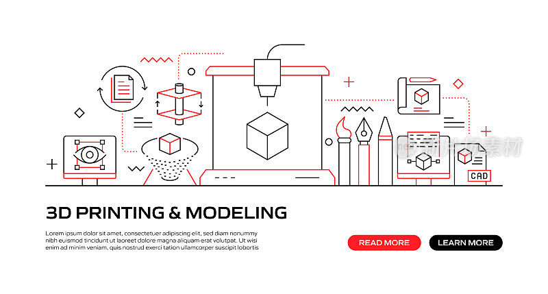 3D打印和建模网络横幅与线性图标，新潮的线性风格向量