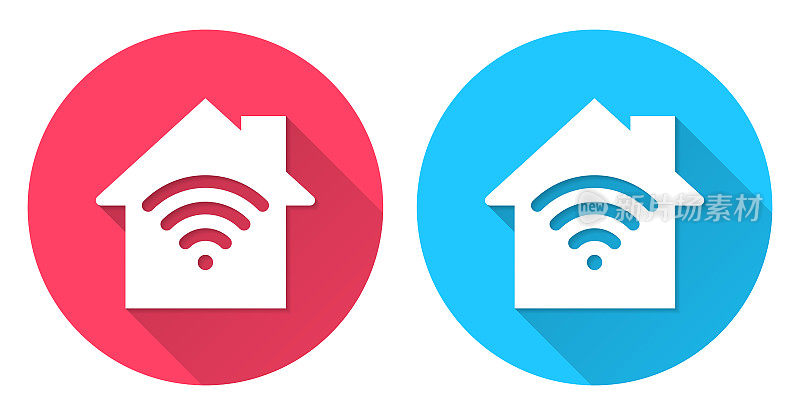 智能家居。圆形图标与长阴影在红色或蓝色的背景