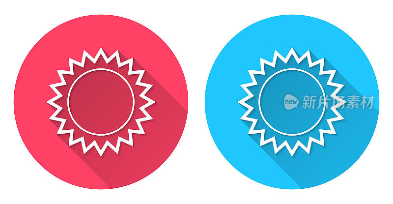 星爆日爆徽章。圆形图标与长阴影在红色或蓝色的背景