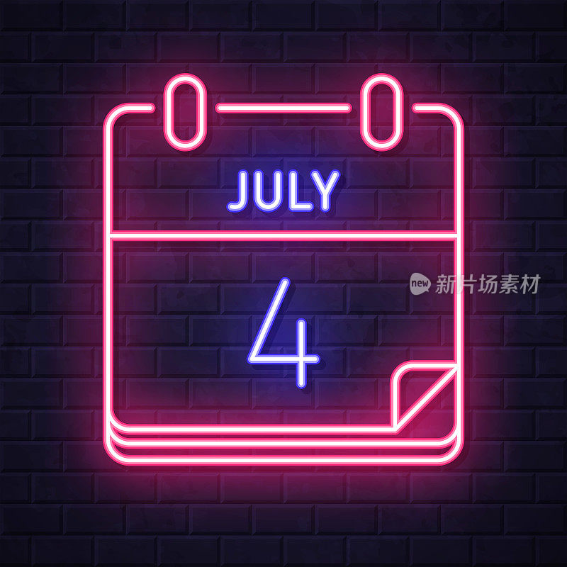 7月4日。在砖墙背景上发光的霓虹灯图标