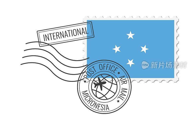 密克罗尼西亚邮票。明信片矢量插图密克罗尼西亚国旗孤立的白色背景。