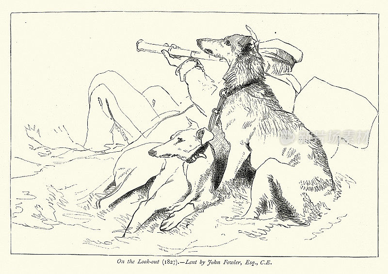 在瞭望处，人与两条狗，根据埃德温·兰西尔的素描，1827年，维多利亚艺术，19世纪