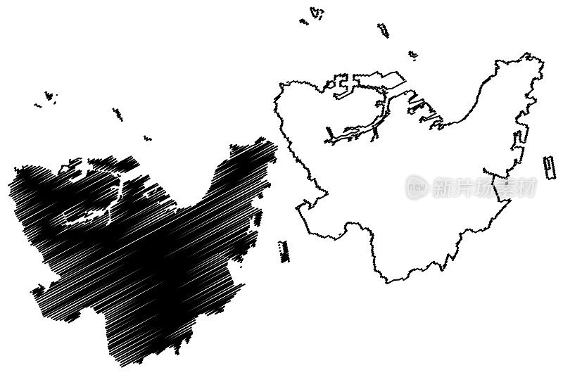 北九州(日本州，岛国，福冈县)地图矢量插图，手绘北九州市地图
