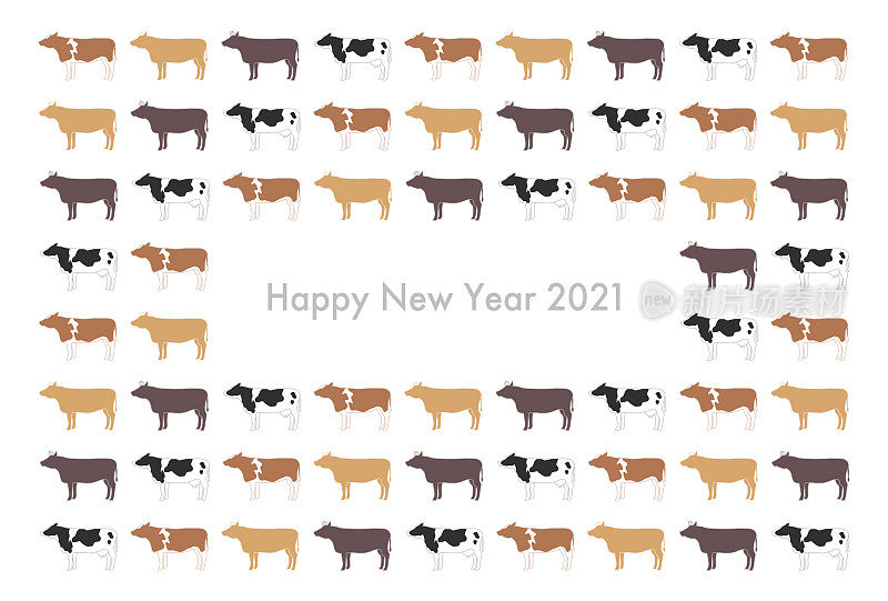 2020年贺年卡。牛年。牛的矢量插图。牛,牛,牛。框架,背景图案。