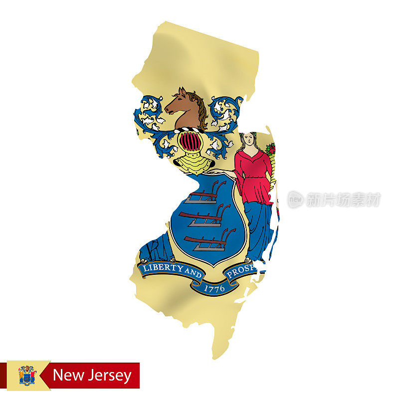 新泽西州地图上飘扬着美国的州旗。