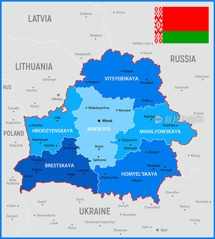 白俄罗斯国旗地图。矢量蓝色插图与地区和首都城市