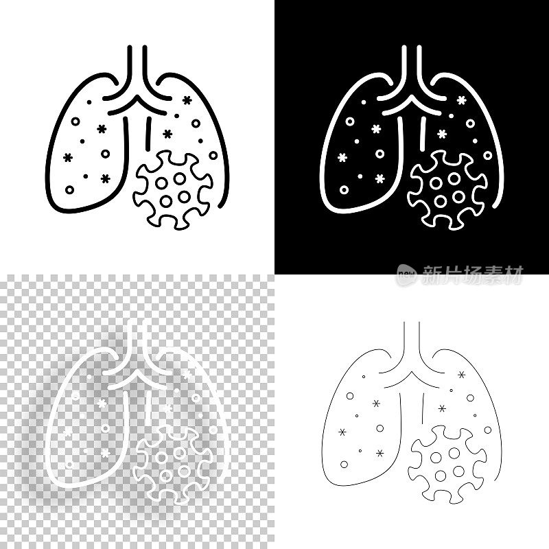 肺部感染冠状病毒。图标设计。空白，白色和黑色背景-线图标